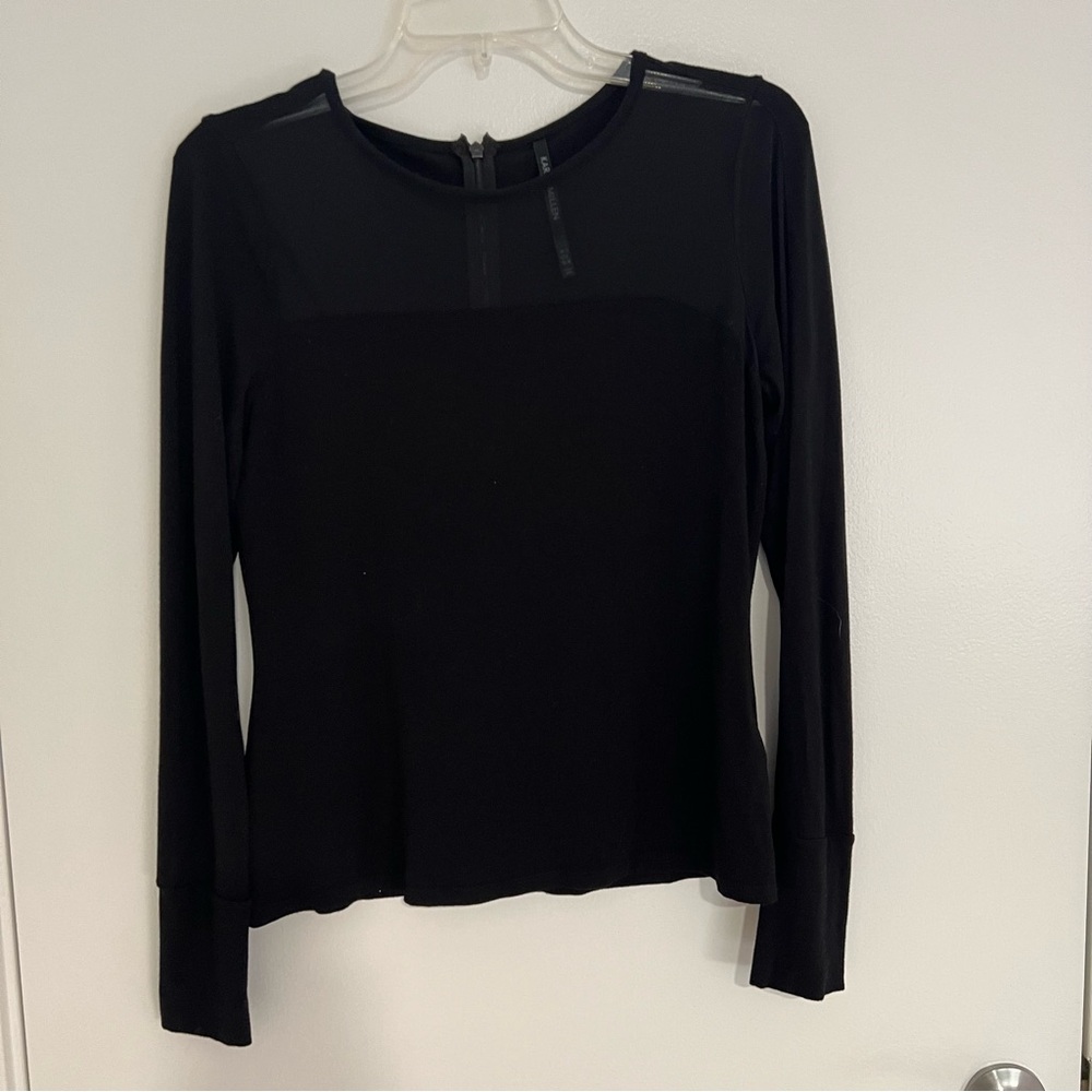 Karen Millen Asymmetrical Semi-Sheer Partial Mesh Blouse Size 8 Black Elegant